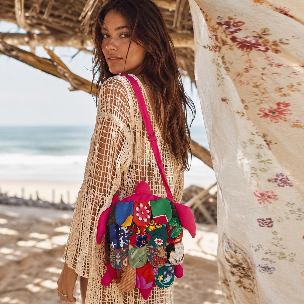 Handmade Turtle Patchwork Crossbody Bag Pink Cotton Boho Eclectic One Size